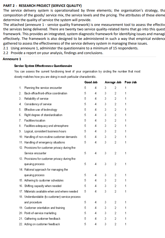 PART 2 - RESEARCH PROJECT (SERVICE QUALITY) The | Chegg.com