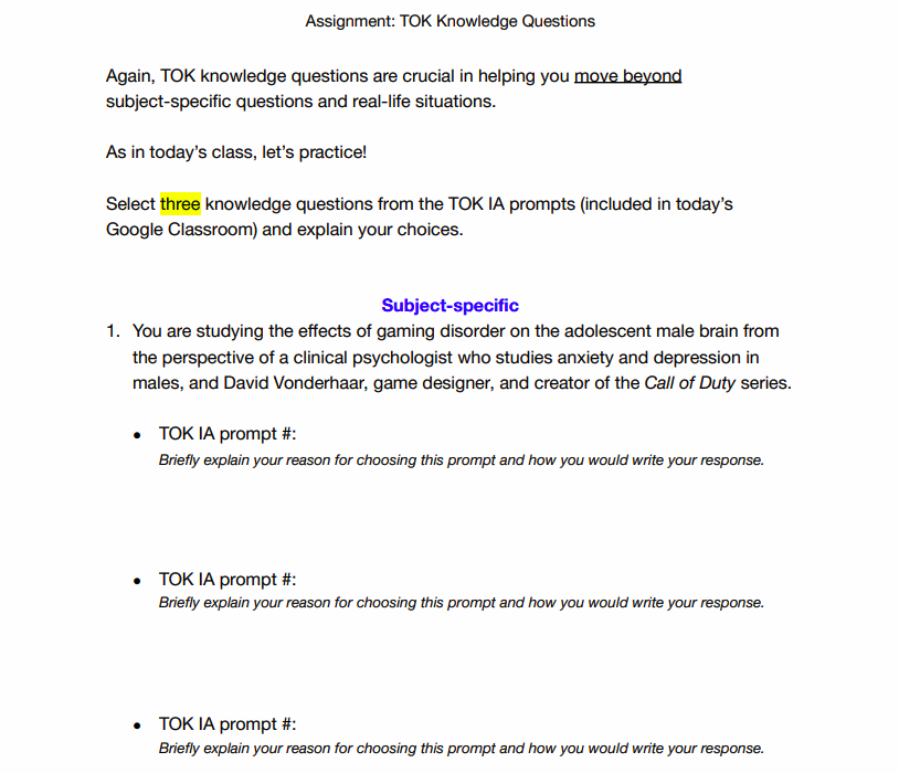 Assignment: TOK Knowledge Questions Real-life | Chegg.com