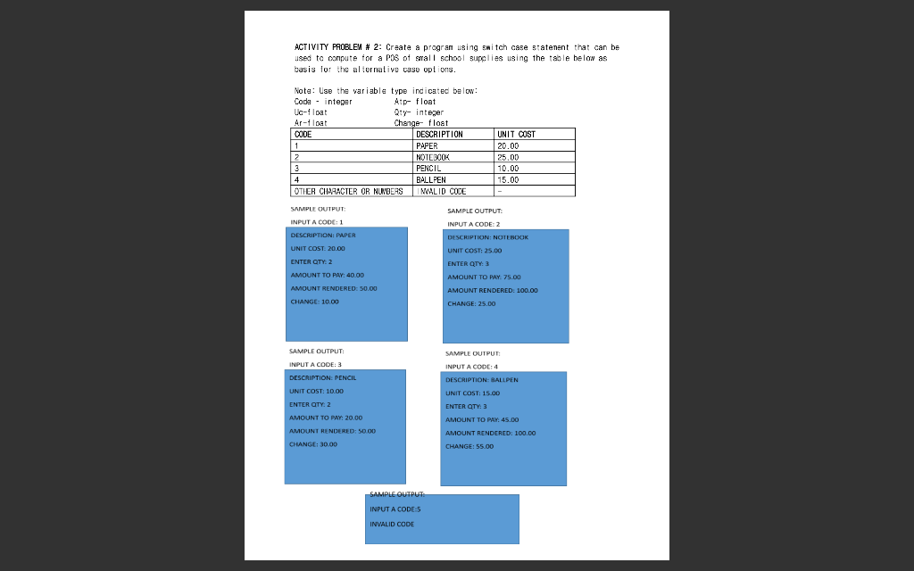Solved ACTIVITY PROBLEM # 2: Create a program using switch | Chegg.com