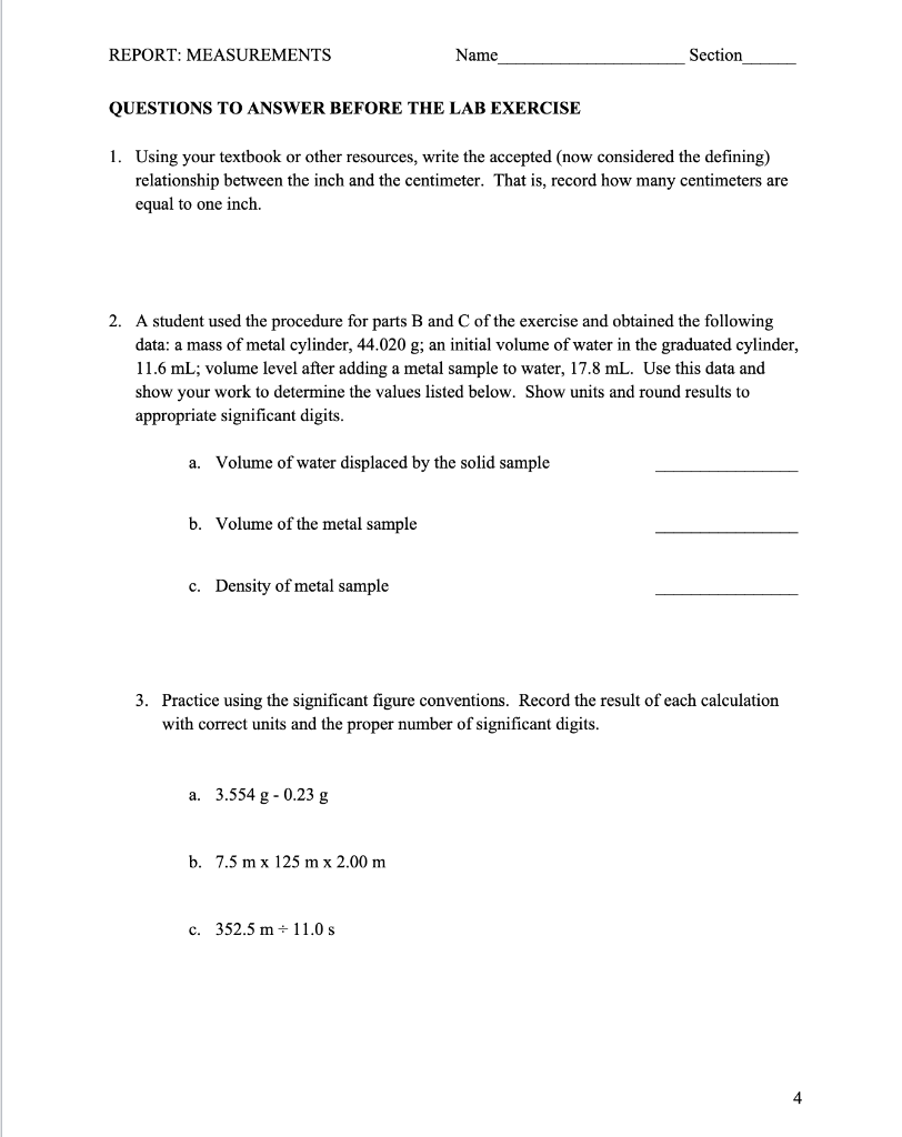 Solved REPORT: MEASUREMENTS Name Section QUESTIONS TO ANSWER | Chegg.com