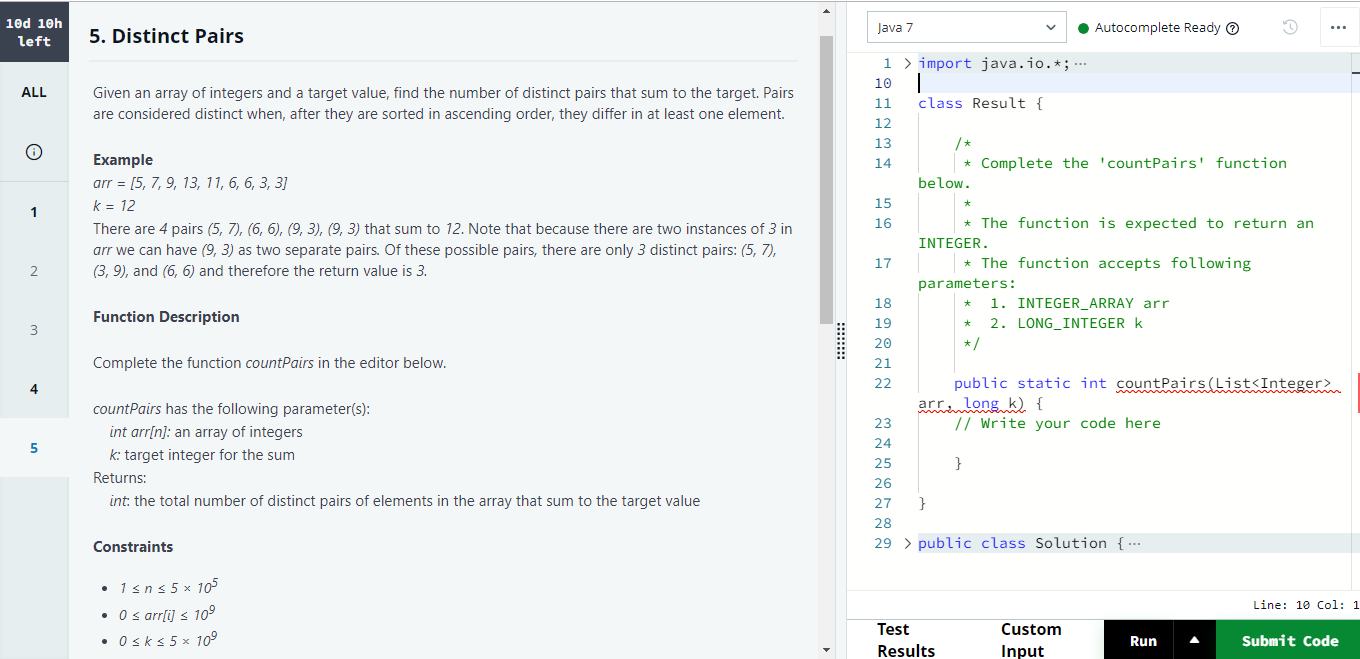 Solved 10d 10h left Java 7 5. Distinct Pairs • Autocomplete | Chegg.com