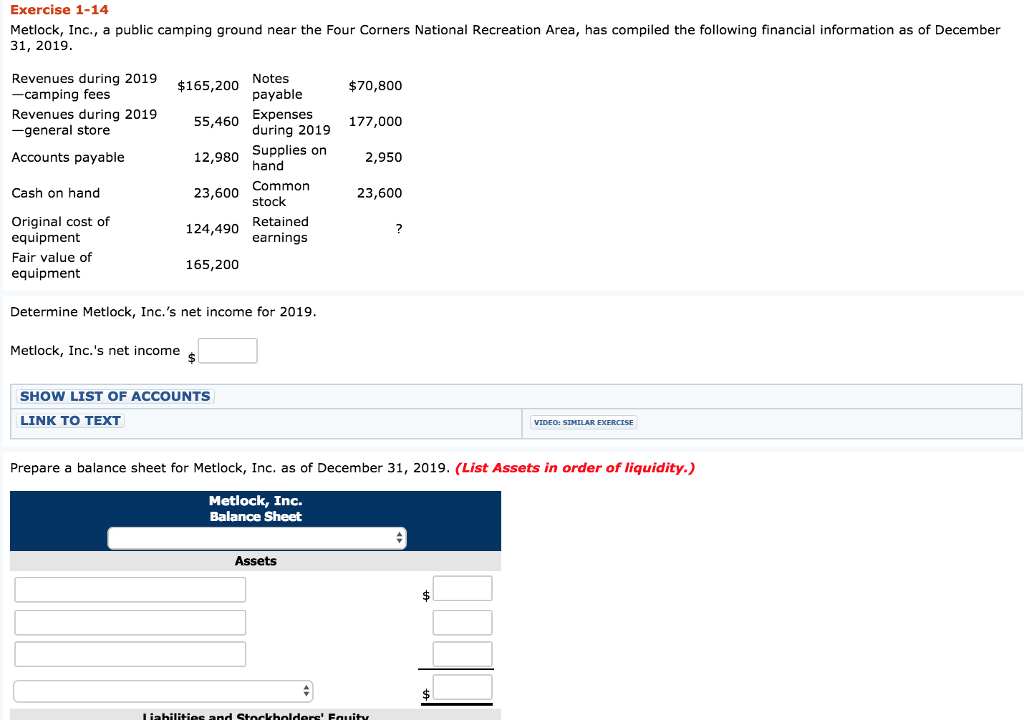 Solved Exercise 1-14 Metlock, Inc., a public camping ground | Chegg.com
