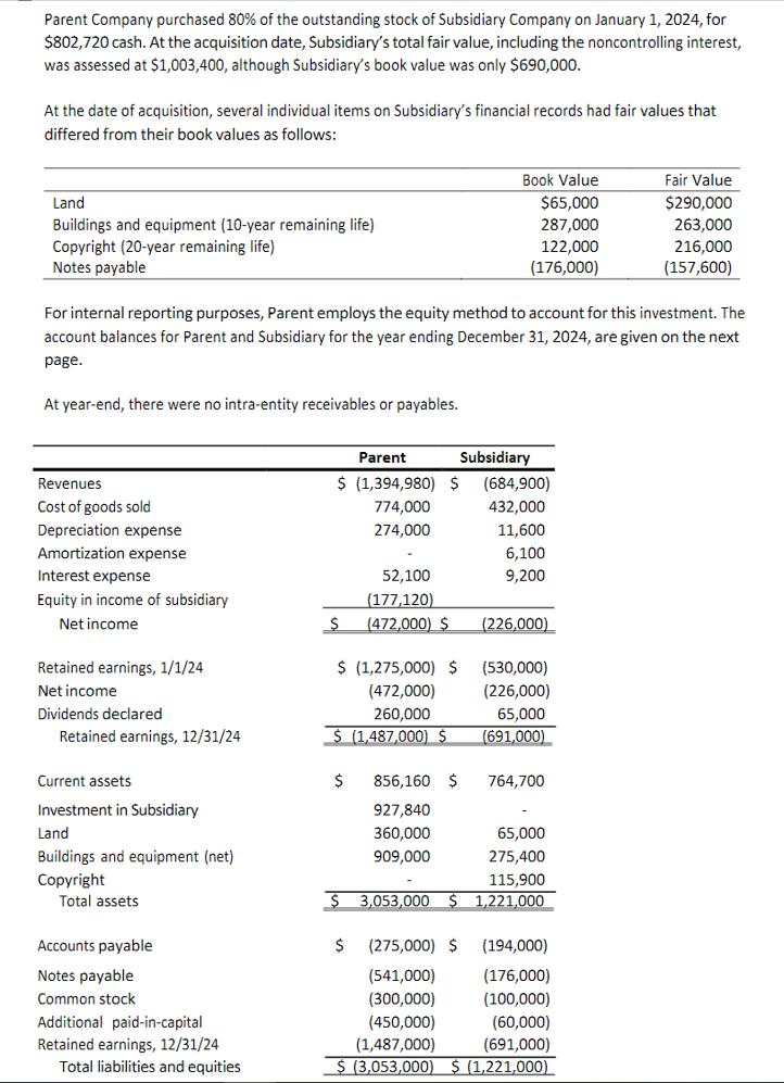 Parent Company Purchased 80% Of The Outstanding Stock | Chegg.com