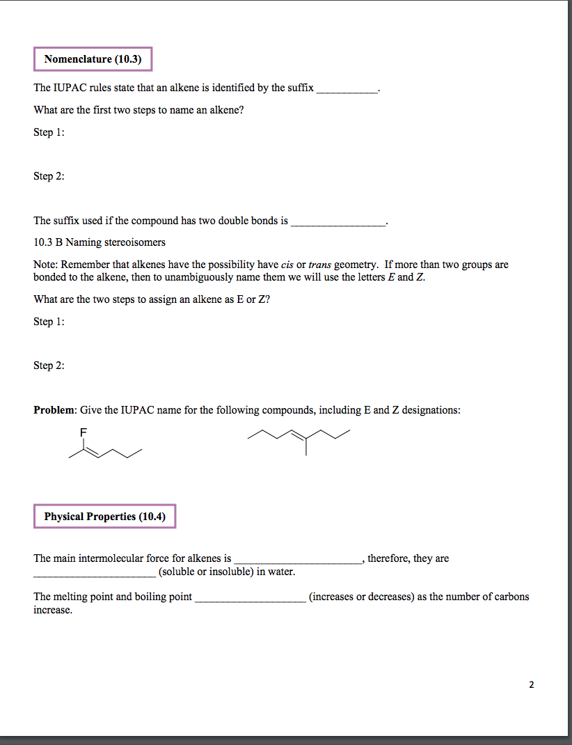 Solved Alkenes - Study Guide #1 sections 10.1 -10.7 in the | Chegg.com