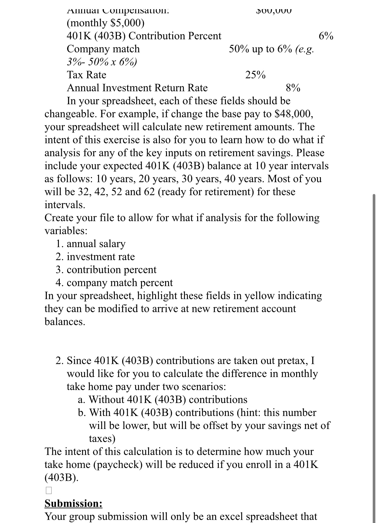 Solved 401K(403B) Spreadsheet Learning Objectives: 1. | Chegg.com