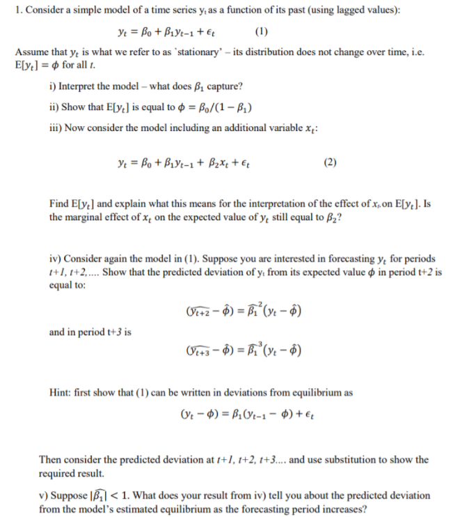 Solved 1. Consider a simple model of a time series y, as a | Chegg.com