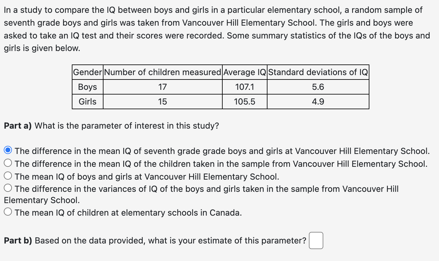 Solved In a study to compare the IQ between boys and girls | Chegg.com