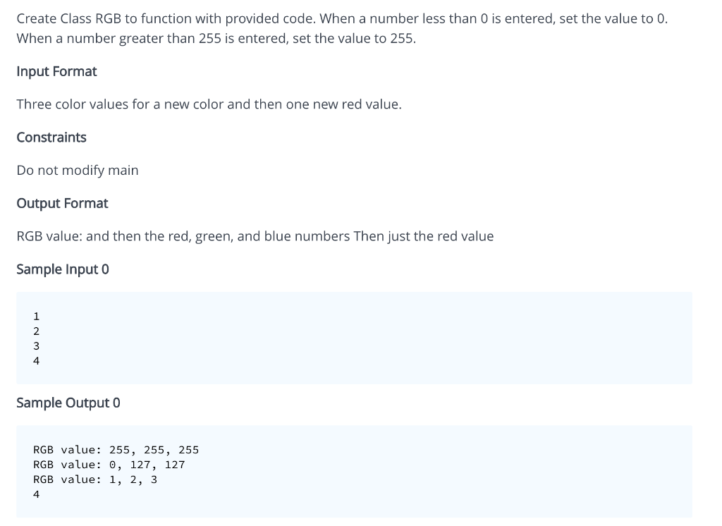Solved Create Class RGB to function with provided code. When | Chegg.com