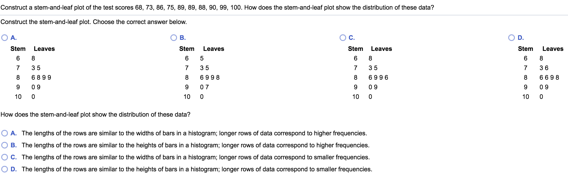 stem and leaf display definition in statistics quizlet