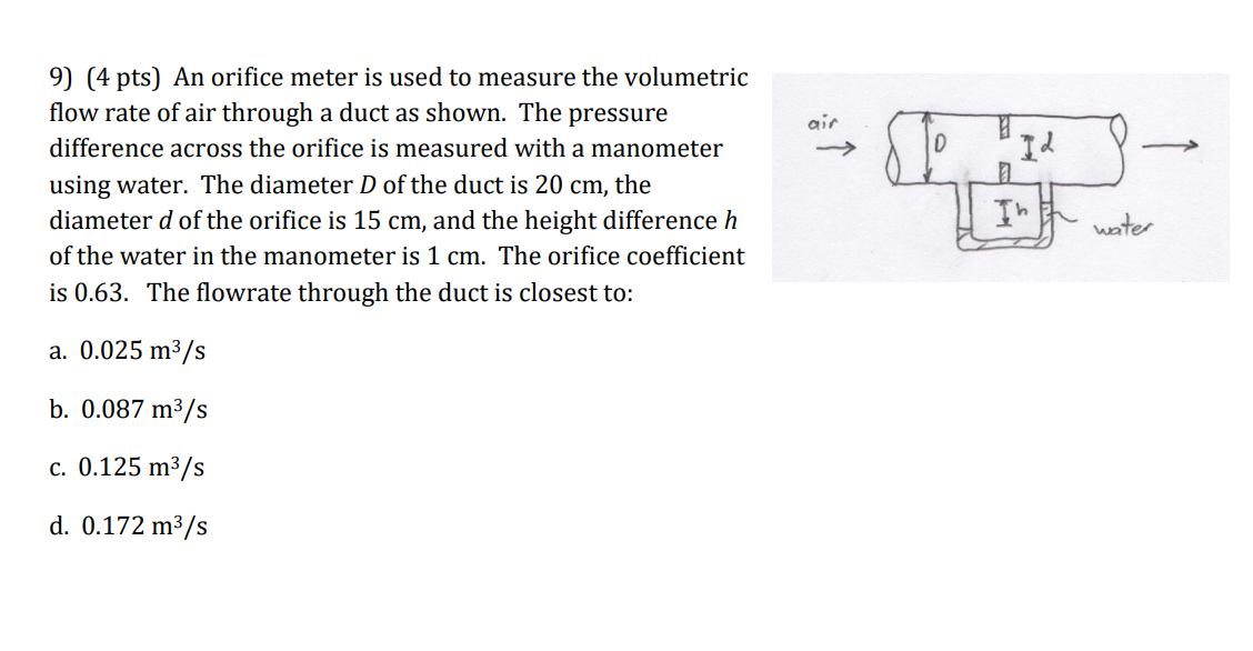 Solved 9) ( 4pts) An orifice meter is used to measure the