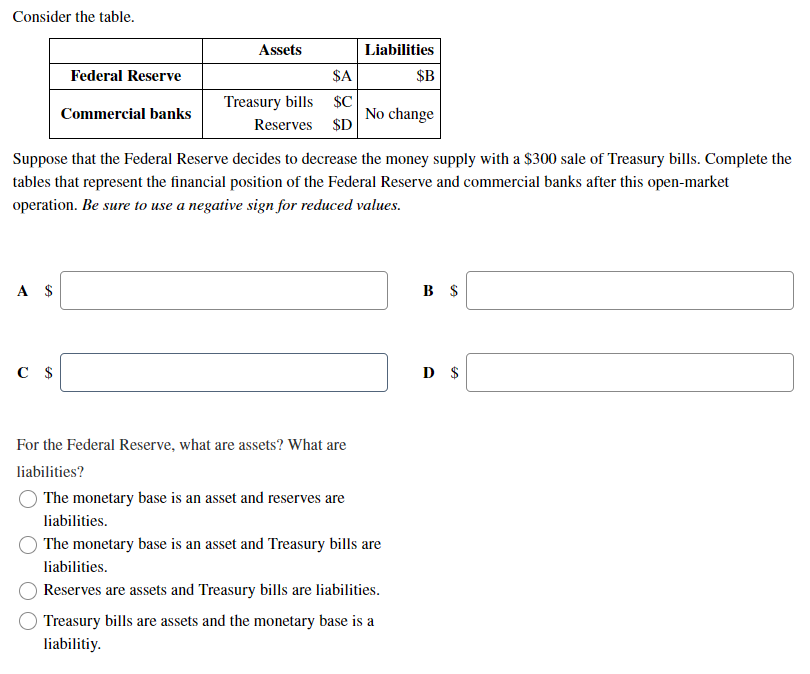 Solved Consider The Table. Liabilities $B Federal Reserve | Chegg.com