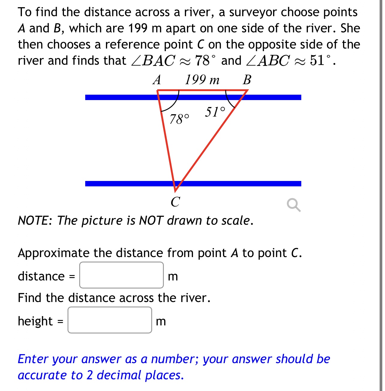 Solved To find the distance across a river, a surveyor | Chegg.com