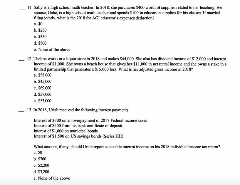 Solved - 11. Sally is a high school math teacher. In 2018, | Chegg.com