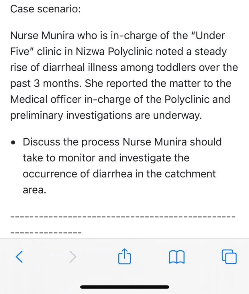 Case scenario: Nurse Munira who is in-charge of the Under Five clinic in Nizwa Polyclinic noted a steady rise of diarrheal