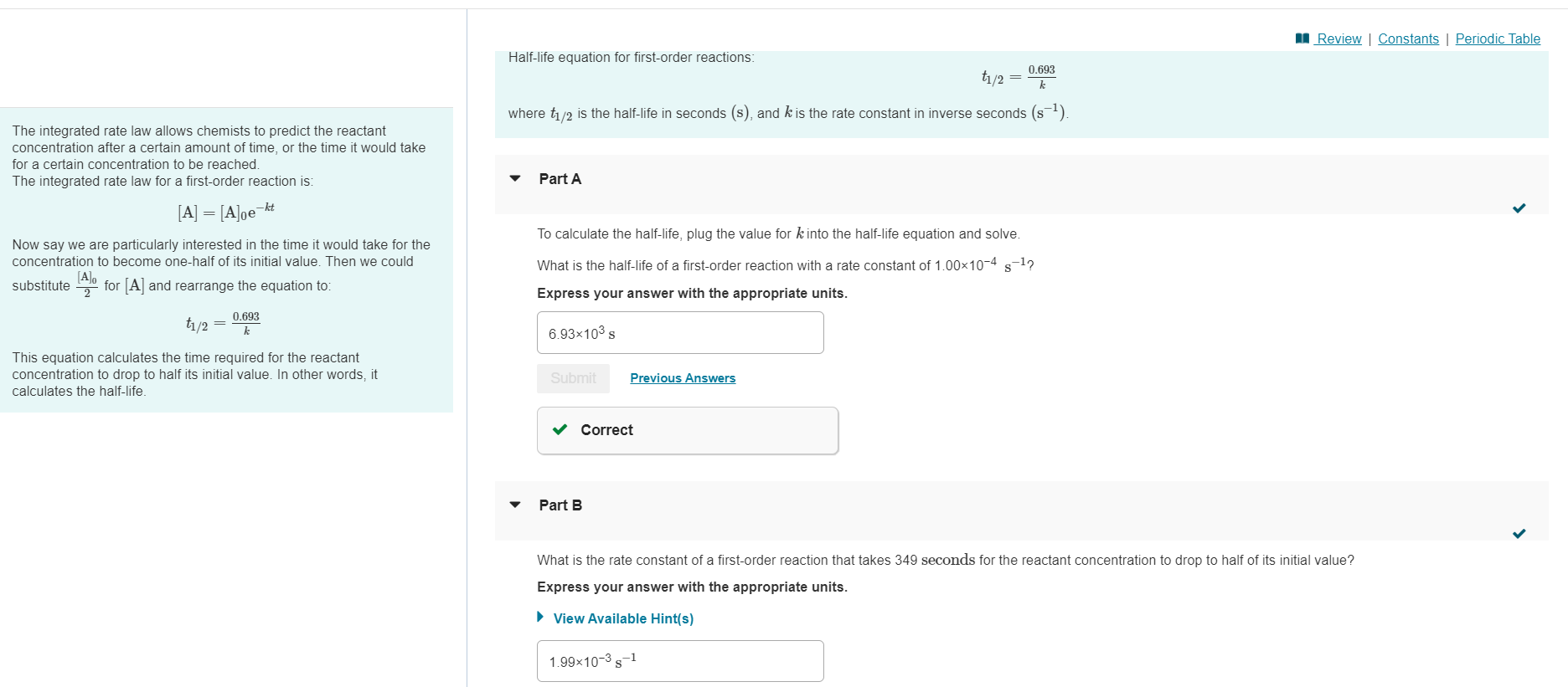 Solved Half-life equation for first-order reactions: | Chegg.com