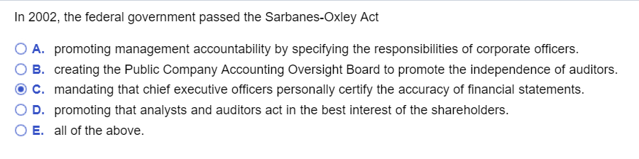 in 2002 the federal government passed the sarbanes-oxley act quizlet