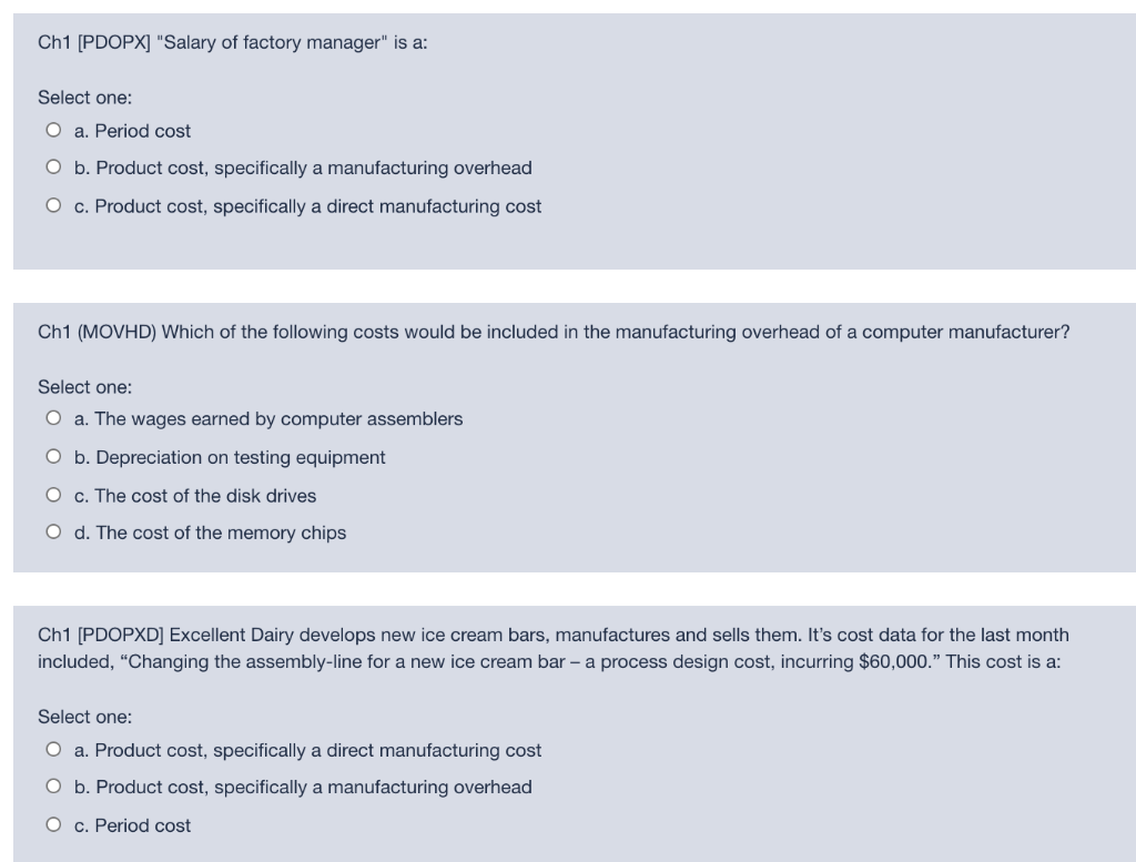 Solved Ch1 [PDOPX] &ldquo;Salary of factory manager&rdquo; is a: Select 