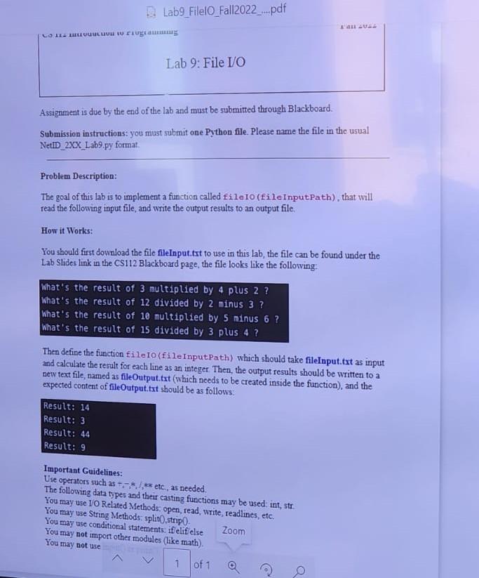 Solved Lab 9: File I/O Assignment is due by the end of the | Chegg.com image.