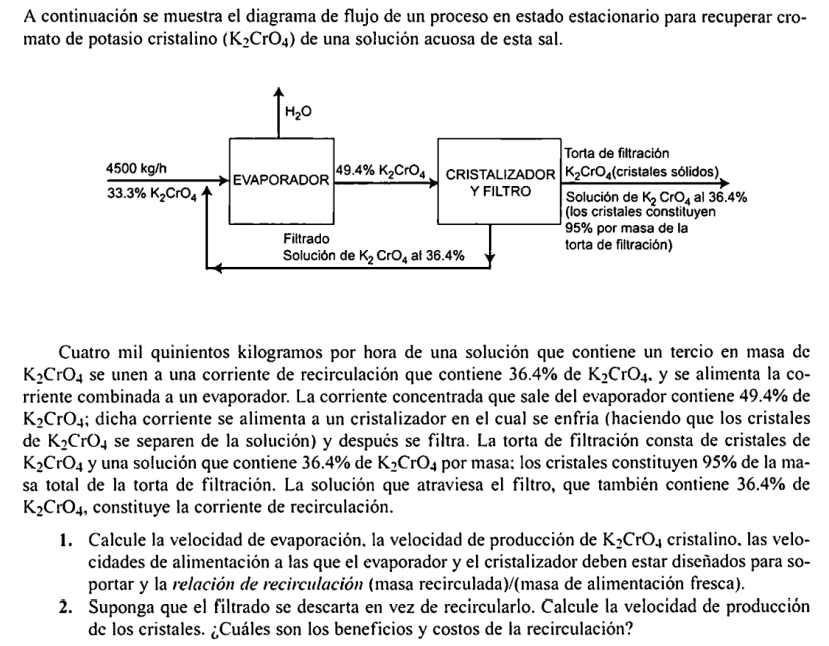 A continuación se muestra el diagrama de flujo de un proceso en estado estacionario para recuperar cromato de potasio cristal