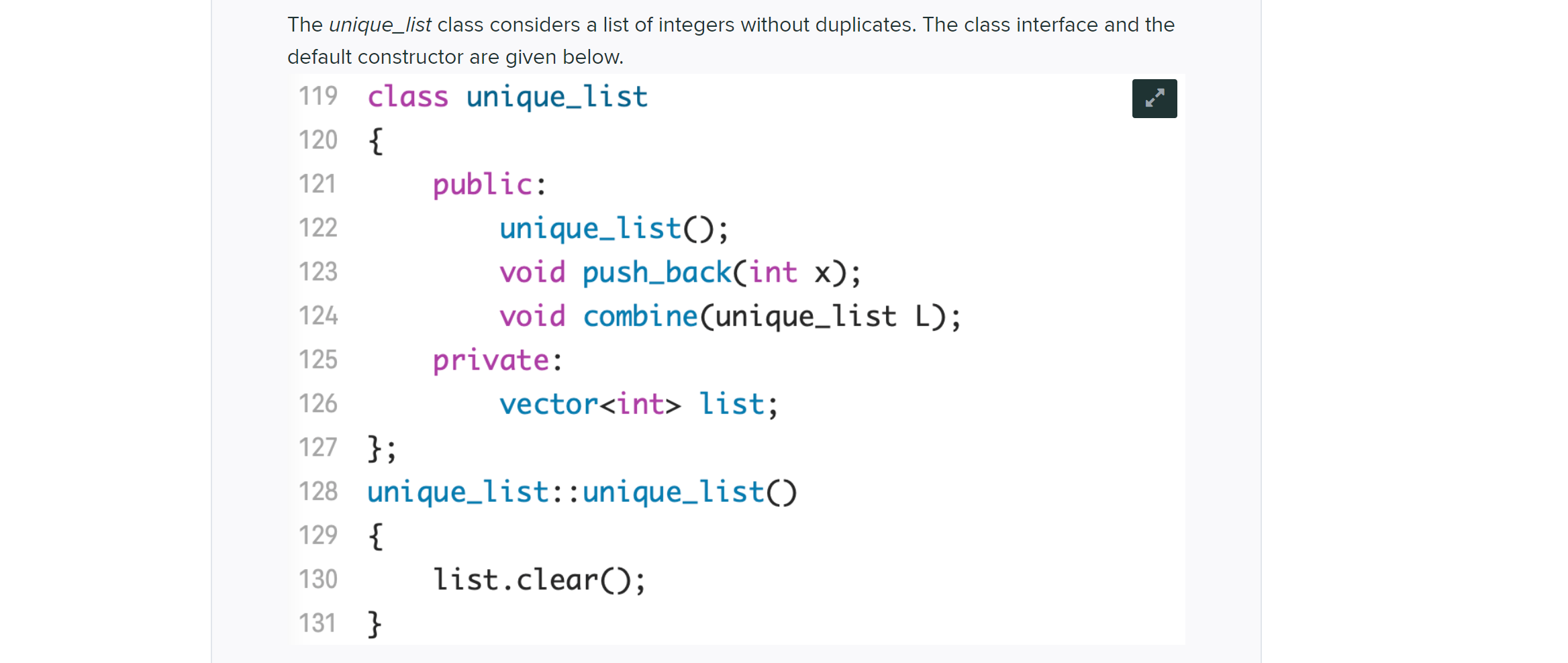 Solved The unique_list class considers a list of integers | Chegg.com
