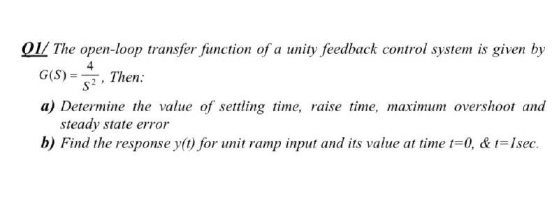 Solved 01/ The open-loop transfer function of a unity | Chegg.com