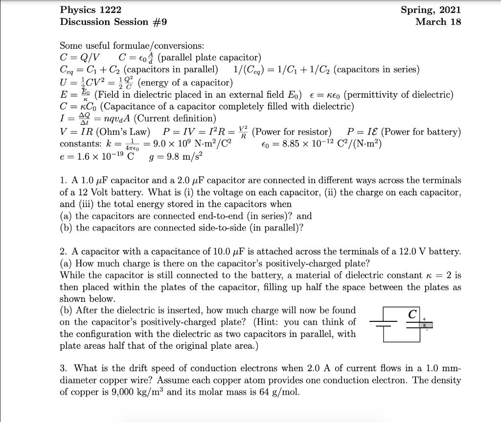 Solved Physics 1222 Discussion Session 9 Spring 21 Ma Chegg Com