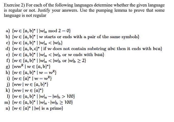 Solved Exercise 2) For Each Of The Following Languages | Chegg.com