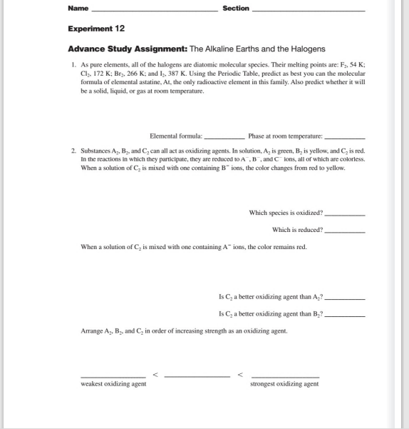 Solved Name Section Experiment 12 Advance Study Assignment: | Chegg.com