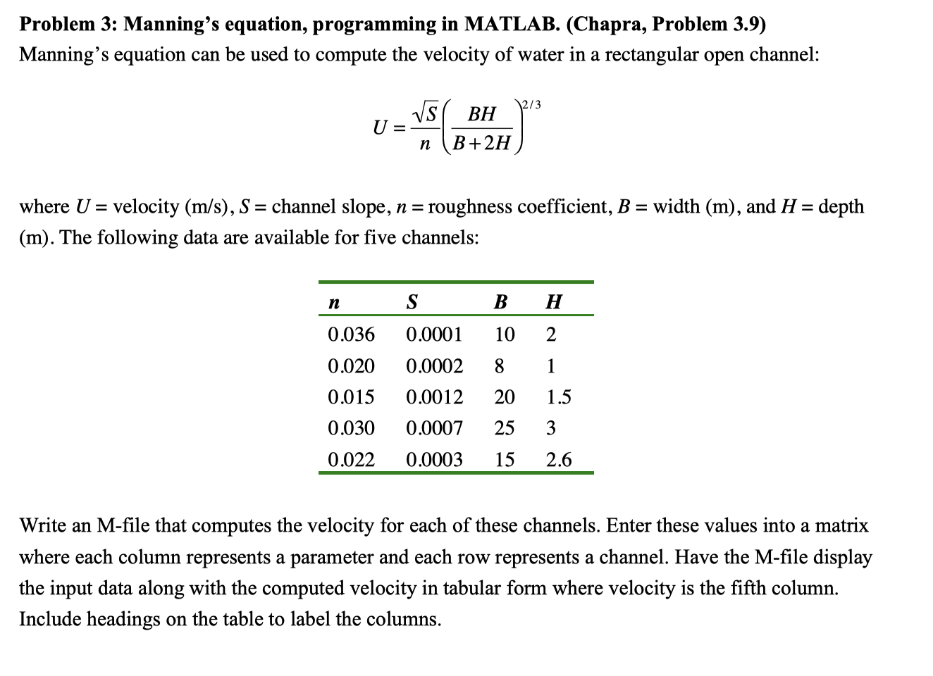 Solved Problem 3: Manning's equation, programming in MATLAB. | Chegg.com