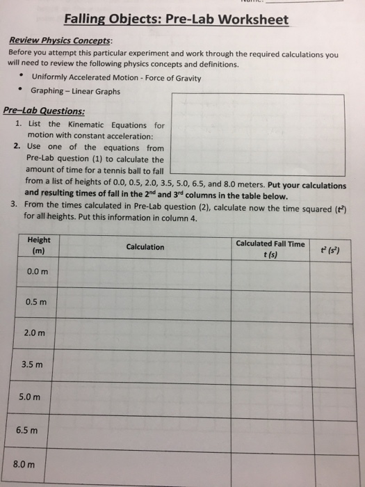 Falling Objects: Pre-Lab Worksheet Review Physics | Chegg.com