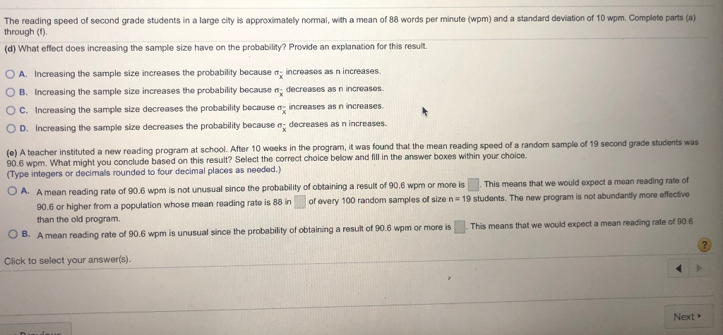 Solved The reading speed of second grade students in a large | Chegg.com