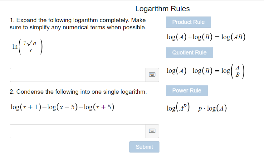 Solved Logarithm Rules 1. Expand the following logarithm
