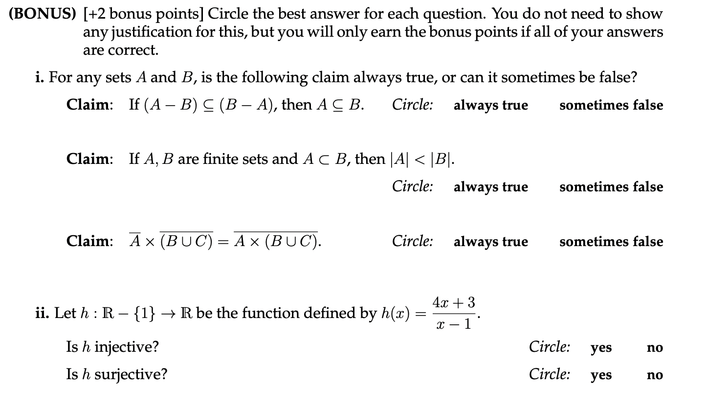 Solved (BONUS) [+2 bonus points] Circle the best answer for | Chegg.com