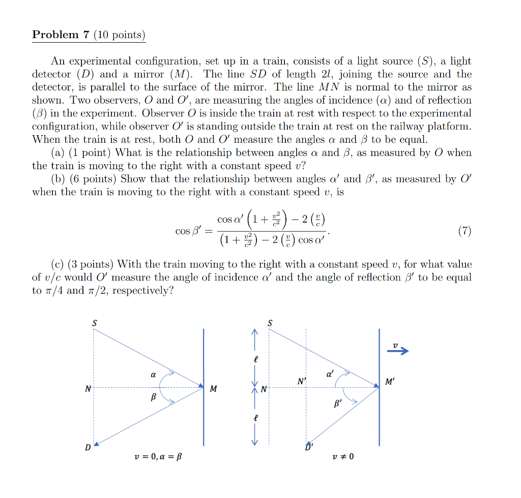 An experimental configuration, set up in a train, consists of a light source \( (S) \), a light detector \( (D) \) and a mirr