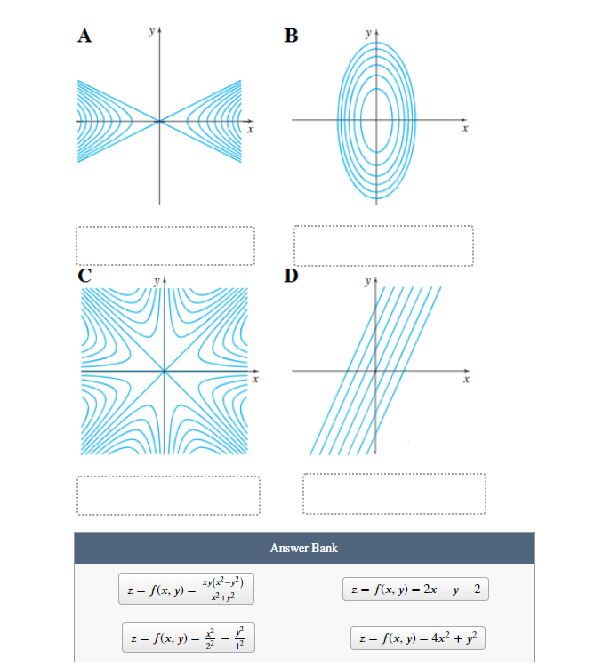 Answer Bank \[ \begin{array}{l} z=f(x, y)=\frac{x y\left(x^{2}-y^{2}\right)}{x^{2}+y^{2}} \\ z=f(x, y)=\frac{x^{2}}{2^{2}}-\f