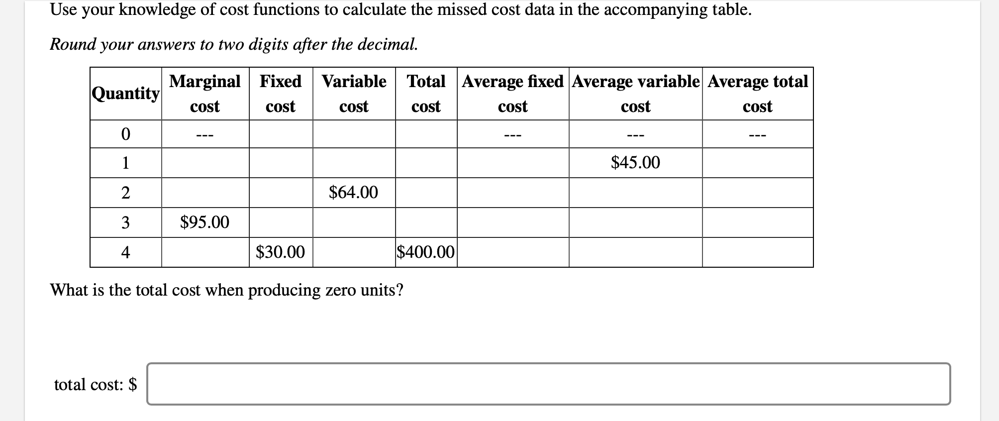 Solved Use your knowledge of cost functions to calculate the | Chegg.com