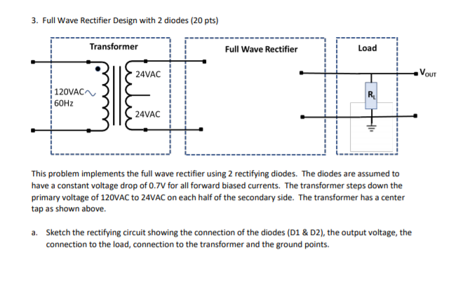 Solved 3. Full Wave Rectifier Design with 2 diodes (20 pts) | Chegg.com