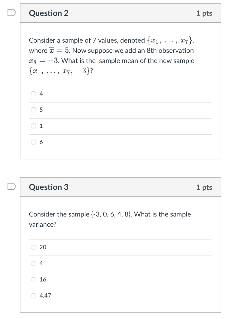 Solved Question 2 1 pts Consider a sample of 7 values, | Chegg.com