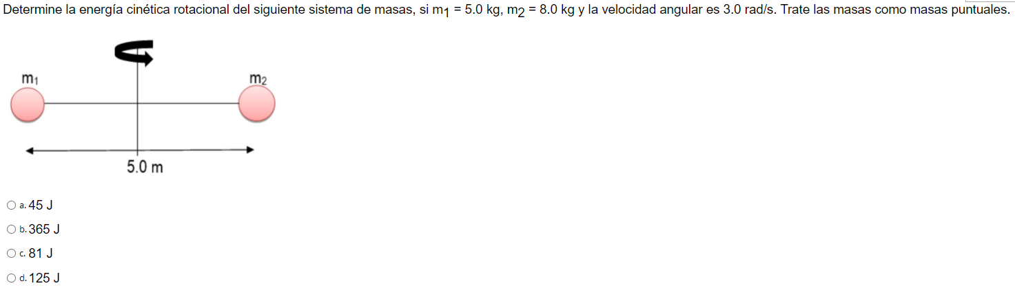 Determine la energía cinética rotacional del siguiente sistema de masas, si m₁ = 5.0 kg, m2 = 8.0 kg y la velocidad angular e