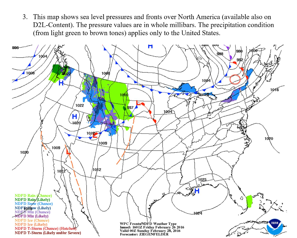 Solved 3. This map shows sea level pressures and fronts over