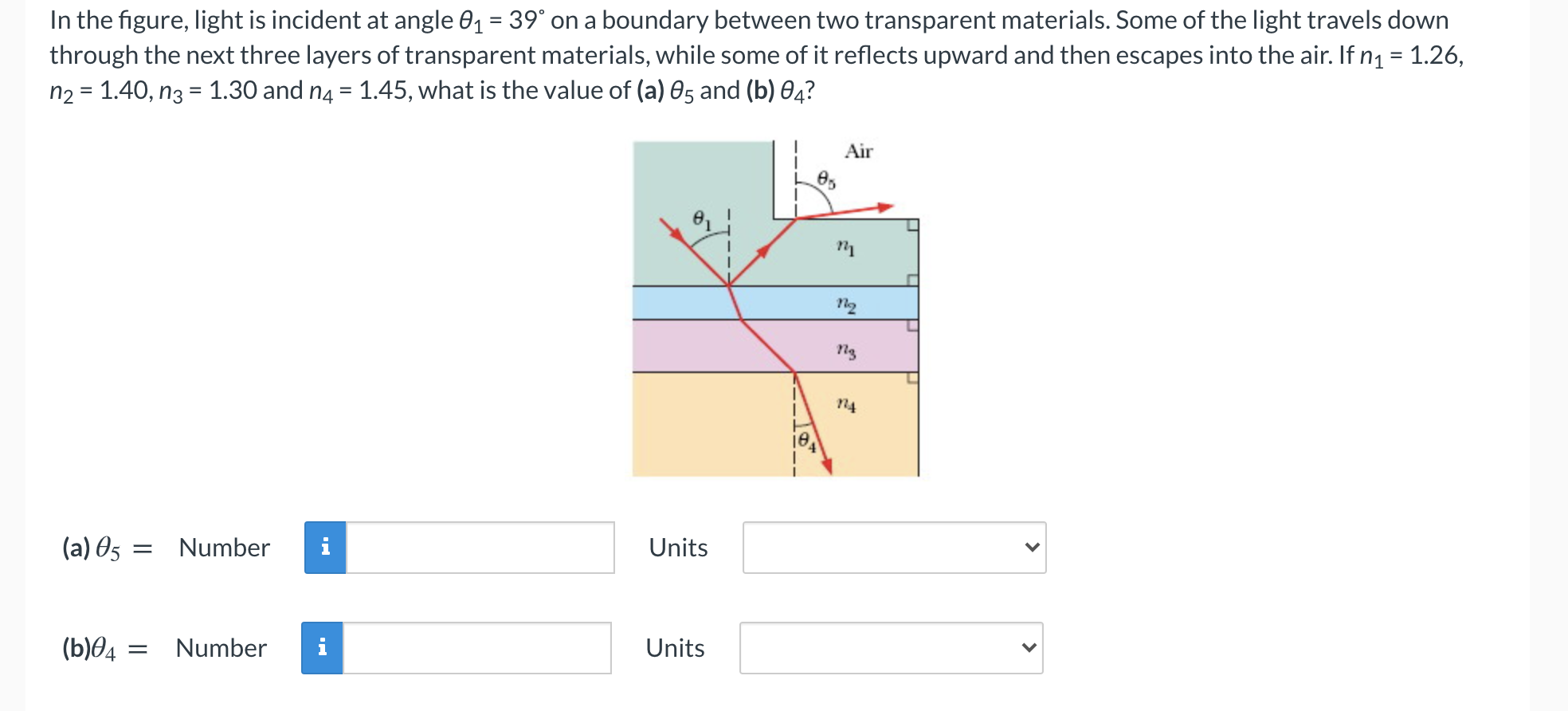 Solved In the figure, light is incident at angle 01 = 39° on | Chegg.com