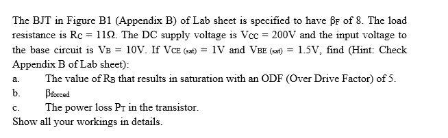 Solved The BJT in Figure B1 (Appendix B) of Lab sheet is | Chegg.com