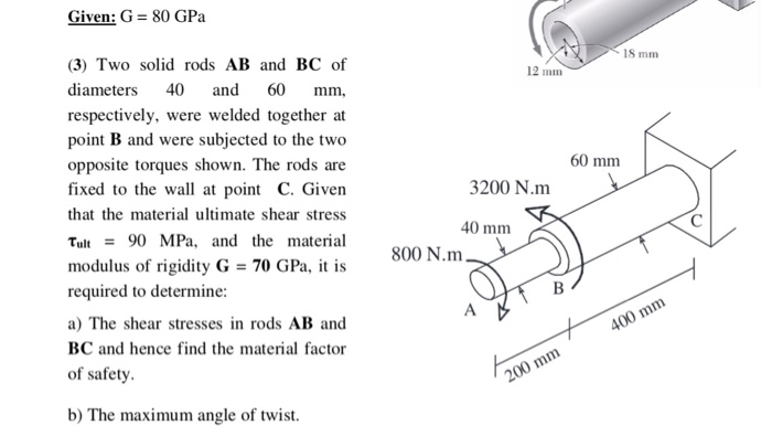 Solved Given: G 80 GPa 18 mm (3) Two solid rods AB and BC of | Chegg.com