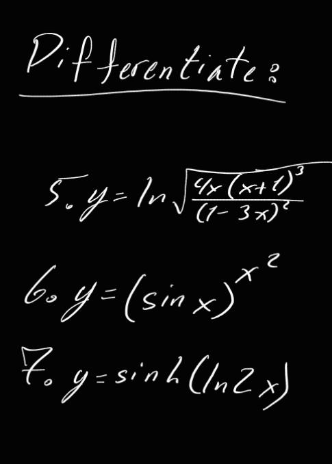 \( 5 . y=\ln \sqrt{\frac{4 x(x+1)^{3}}{(1-3 x)^{2}}} \) \( 60 y=(\sin x)^{x^{2}} \) \( 7_{0} y=\sinh (\ln 2 x) \)