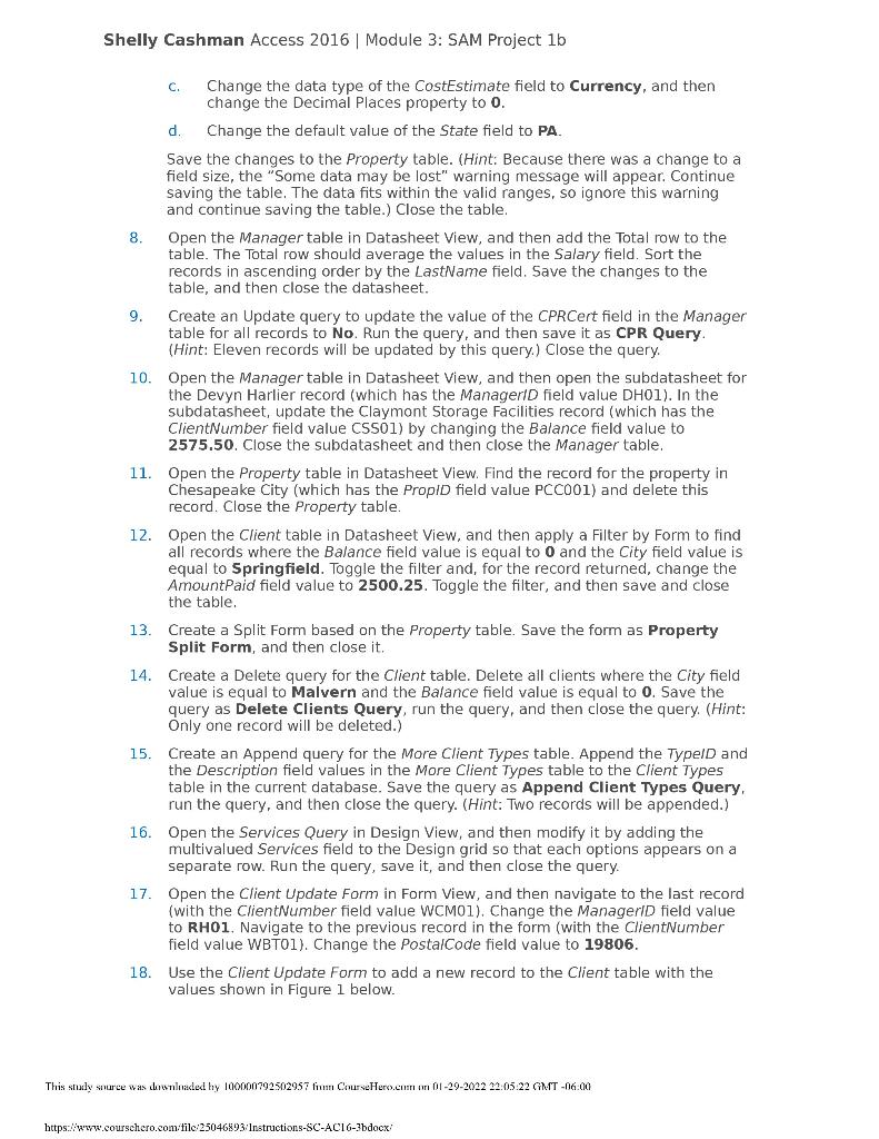 Solved Shelly Cashman Access 2016 Module 3 SAM Project 1b