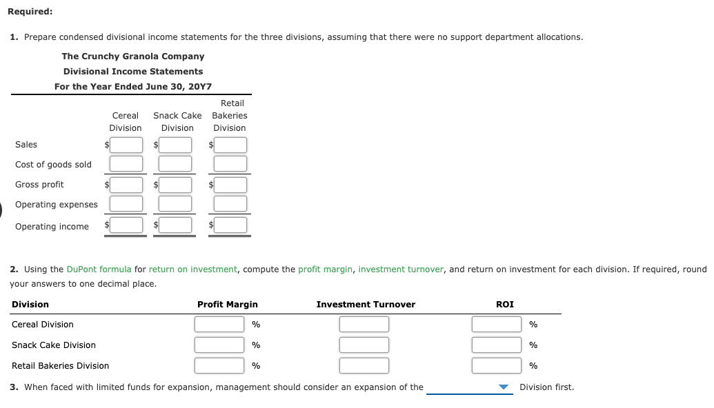 Solved Divisional Income Statements and Return on Investment | Chegg.com