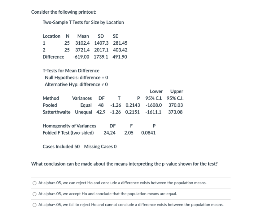 Solved Consider the following printout: Two-Sample T Tests | Chegg.com