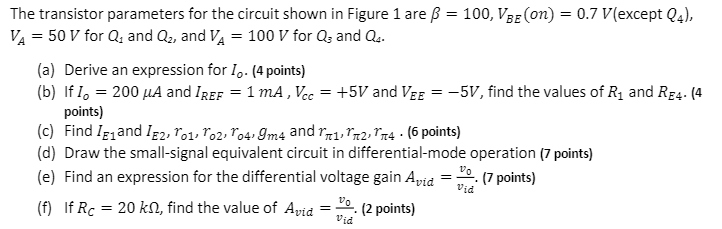Solved The transistor parameters for the circuit shown in | Chegg.com