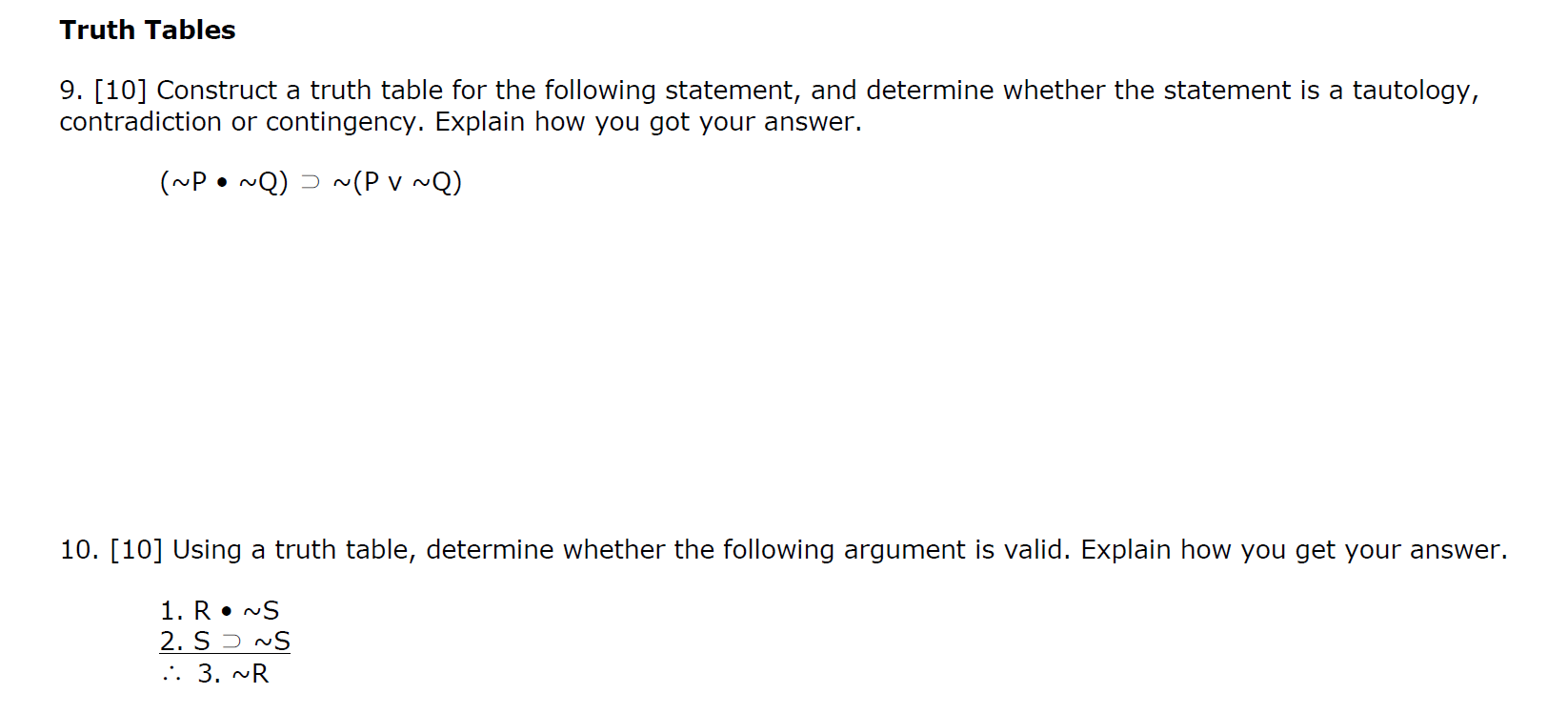 Solved Truth Tables 9. [10] Construct a truth table for the | Chegg.com
