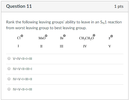 Solved Question 11 1 Pts Rank The Following Leaving Groups' | Chegg.com